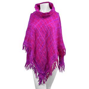 Vintage 60s 70s Woven Wool Plaid Fringe Poncho OS Boho Hippie Maximalist Finland